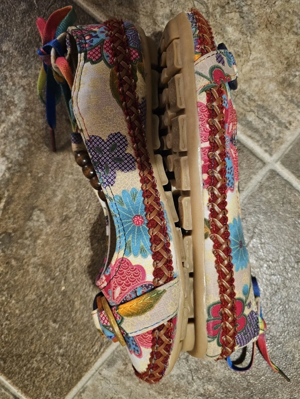 Xiruyi Bohemian Floral Canvas Flats Wooden Bead Ankle Strap Rainbow Tie Size 9